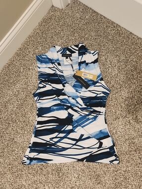 Donna Karan Blue & White Abstract Print Sleeveless Crisscross Blouse - NWT